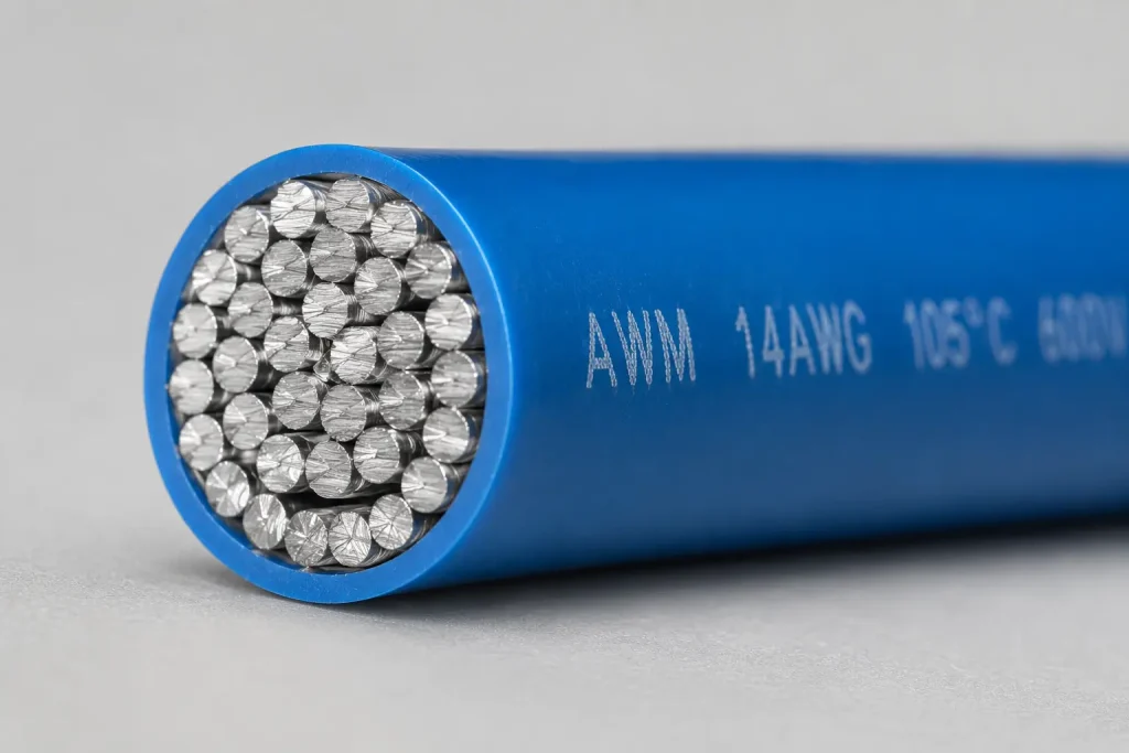UL AWM Style 3666 XLPE wire cut-end close-up showing tinned copper stranded conductor and 15 mils extruded XLPE thin insulation wall per UL Subject 758