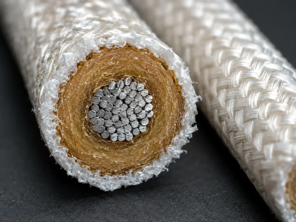 UL 5334 mica wire freshly cut cross-section macro showing nickel-plated copper conductor composite mica glass and glass braid layers