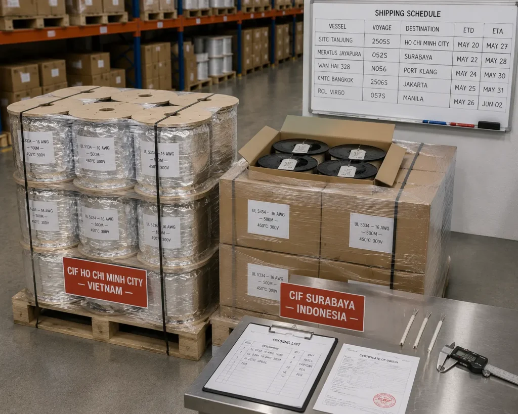 UL 5334 mica wire production reels palletised and labelled for CIF export shipment to Vietnam and Indonesia