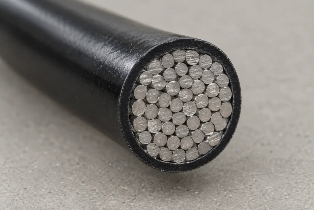 Macro of a 16 AWG stranded conductor cut end inside extruded PVC insulation