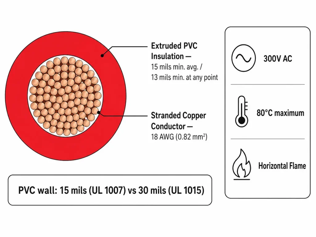 UL 1007 18 AWG wire cross section diagram showing PVC insulation 15 mil, stranded copper conductor 0.82mm², 80°C, 300V AC