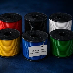 UL AWM Style 1007 18 AWG PVC hook-up wire, 80°C, 300V AC, multiple insulation colour spools, Germany export