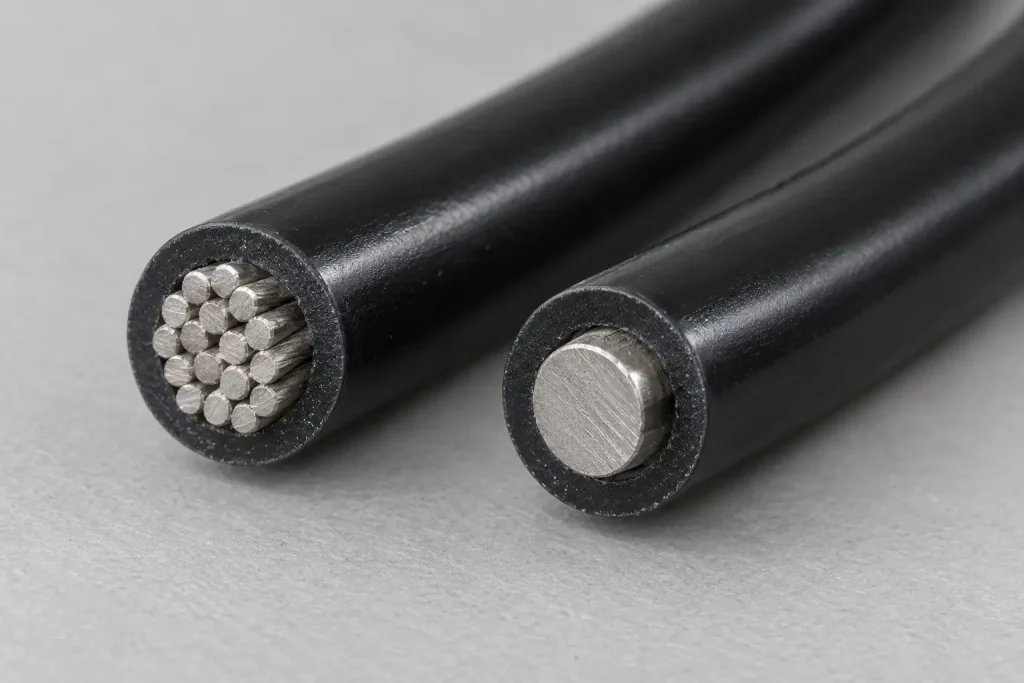 Macro of solid and stranded conductor cut ends inside Style 1007 PVC insulation
