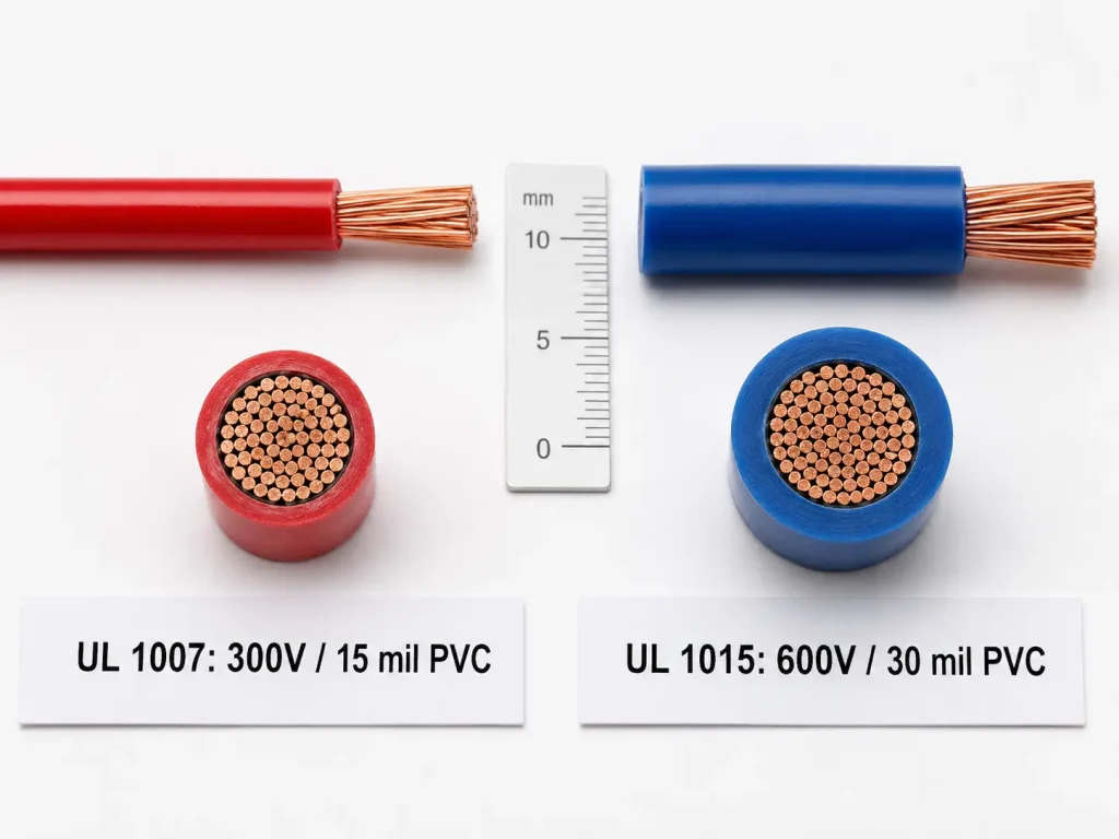 UL 1007 18 AWG 300V PVC wire versus UL 1015 600V PVC wire comparison showing 15 mil versus 30 mil insulation wall
