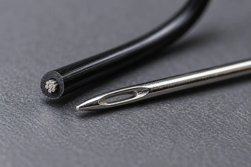 Macro of a 32 AWG stranded conductor in PVC insulation beside a sewing needle for scale