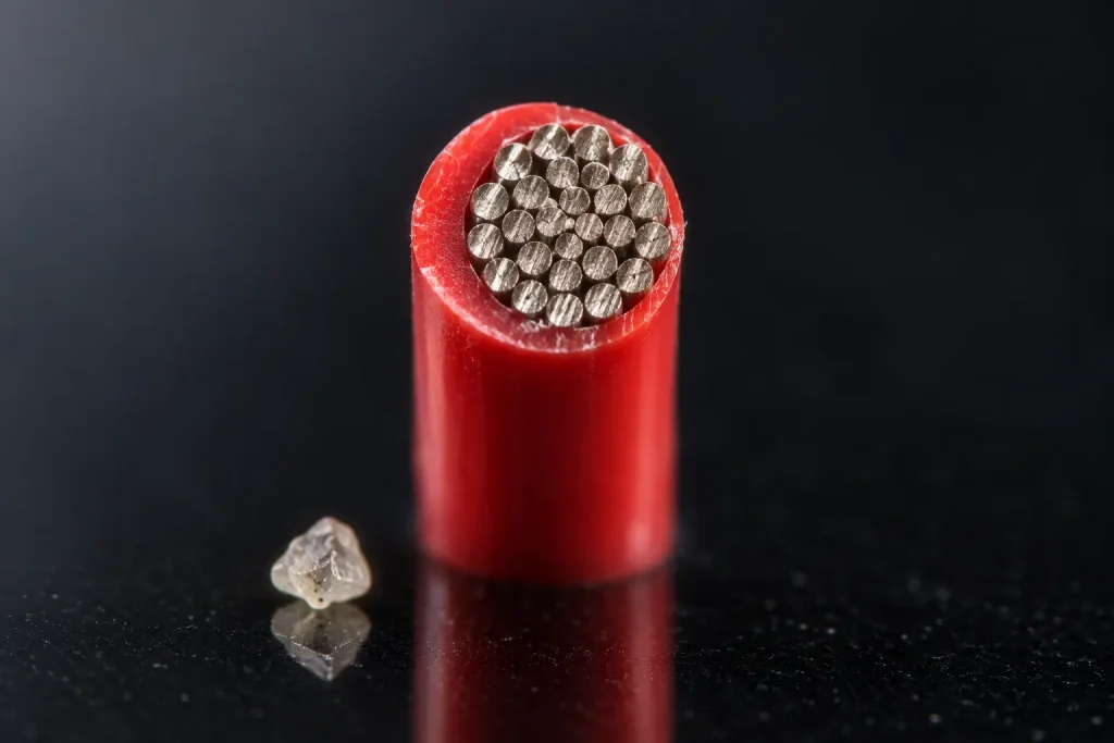 Macro view of a 32 AWG stranded conductor inside extruded PVC insulation wall