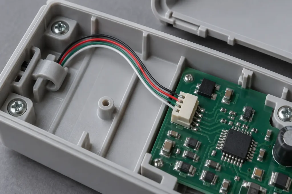 UL Style 1007 32 AWG wire terminated at a board connector inside a compact appliance control assembly
