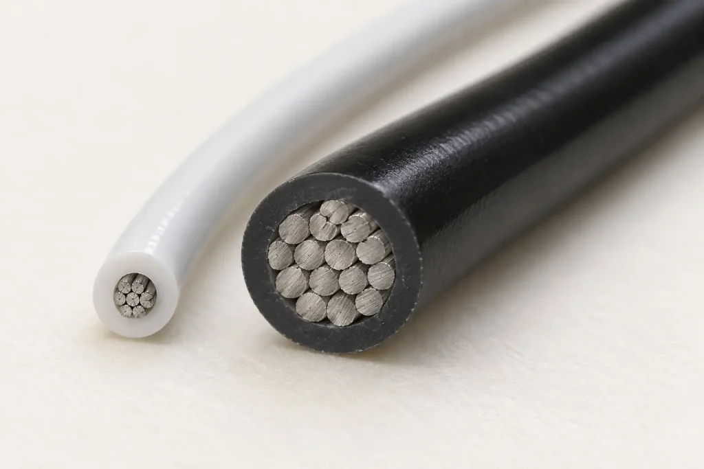 Macro of two Style 1007 PVC wire cut ends showing similar insulation wall on different conductor sizes
