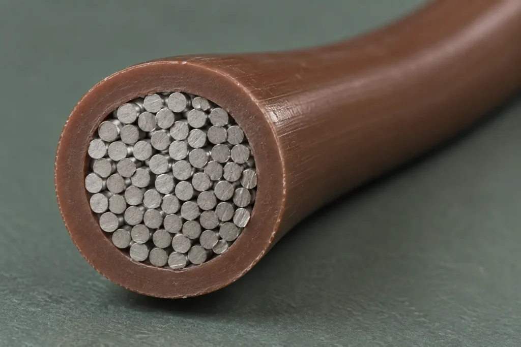 Macro of a 14 AWG stranded conductor cut end inside extruded PVC insulation
