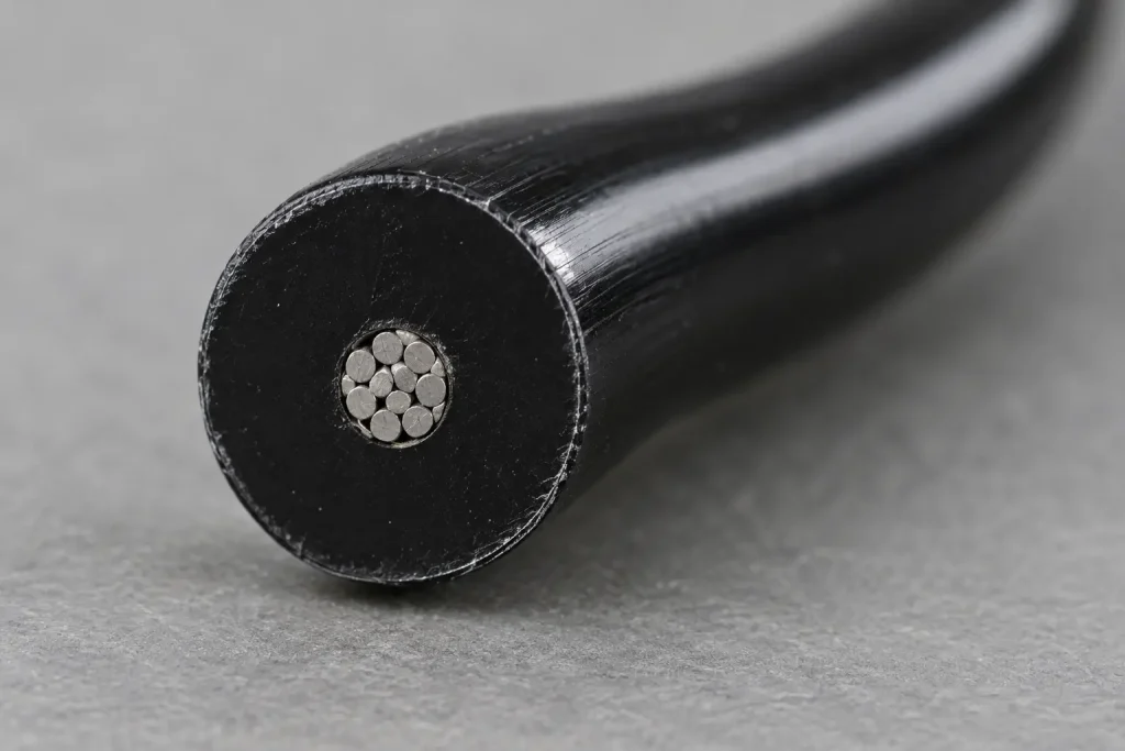Macro of a 30 AWG conductor inside a heavy extruded PVC wall