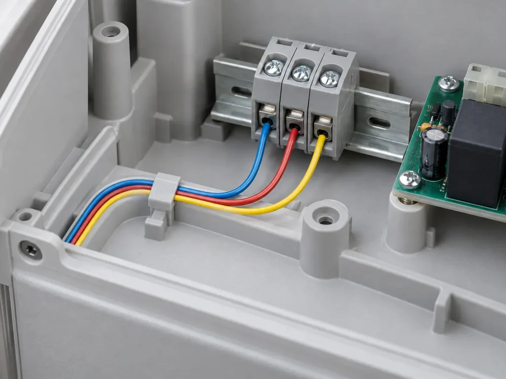 UL Style 1015 30 AWG wire landing on an internal terminal block inside an appliance assembly