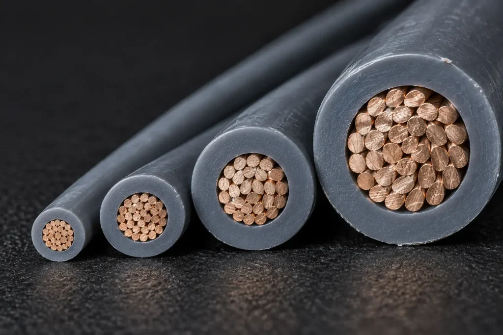 Macro comparison of UL 1015 conductors from different size groups showing increasing PVC insulation wall