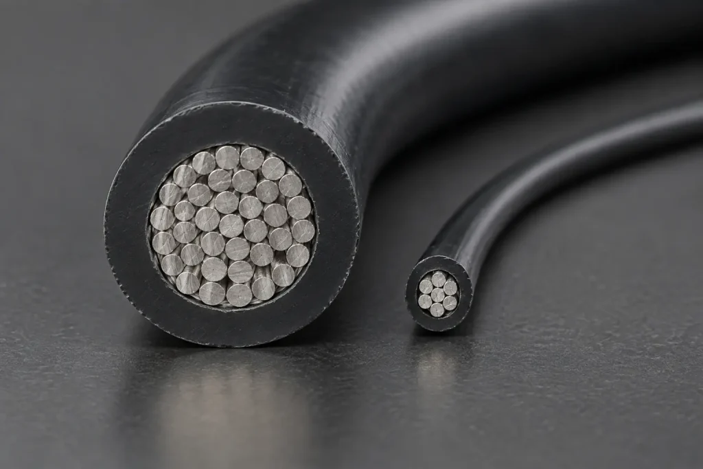 Macro of large and small Style 1015 conductor cut ends showing different insulation wall thicknesses