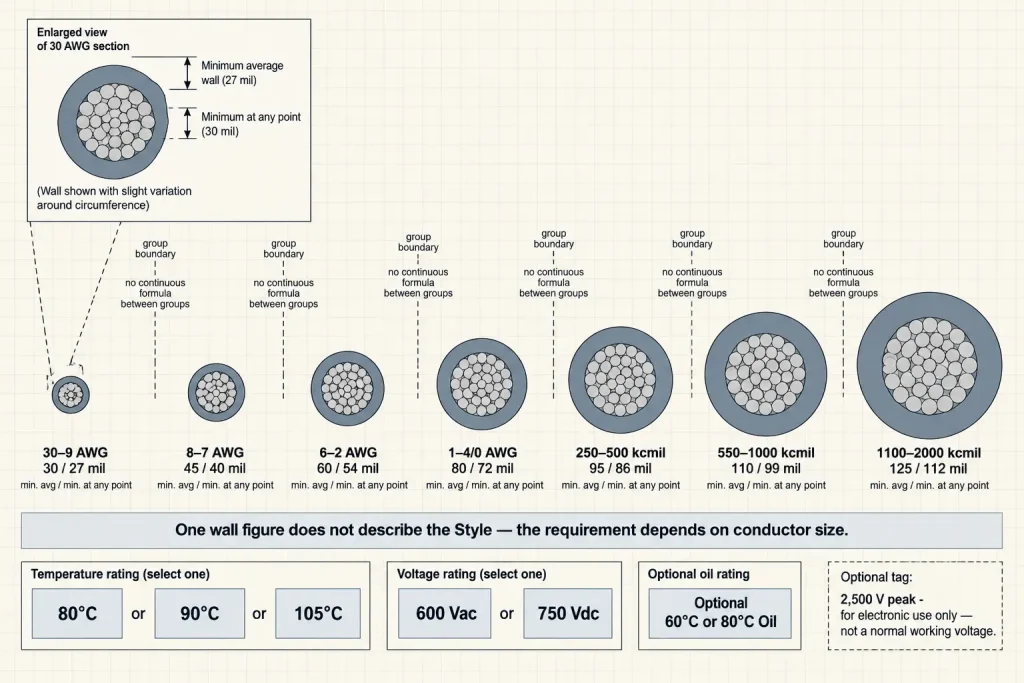 UL 1015 diagram of seven size-dependent insulation groups with minimum average and minimum at any point values