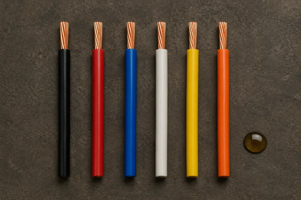 UL 10269 oil resistant PVC wire colour options flat lay, 1000V AC, 80–105°C, multiple insulation colours