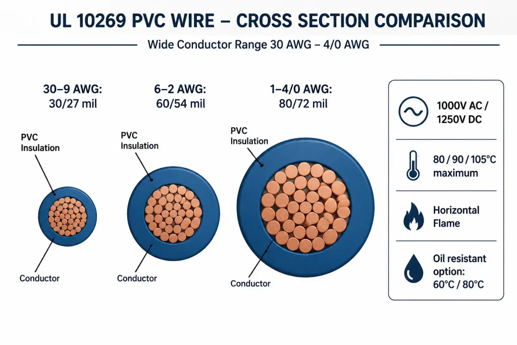 UL 10269 PVC wire cross section diagram showing insulation wall thickness by AWG range, 1000V AC 1250V DC, 80–105°C, horizontal flame