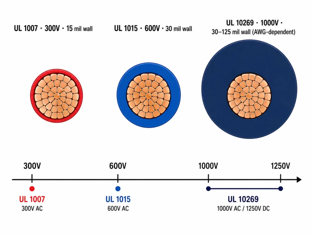 UL 10269 1000V versus UL 1015 600V versus UL 1007 300V PVC wire insulation wall thickness comparison diagram