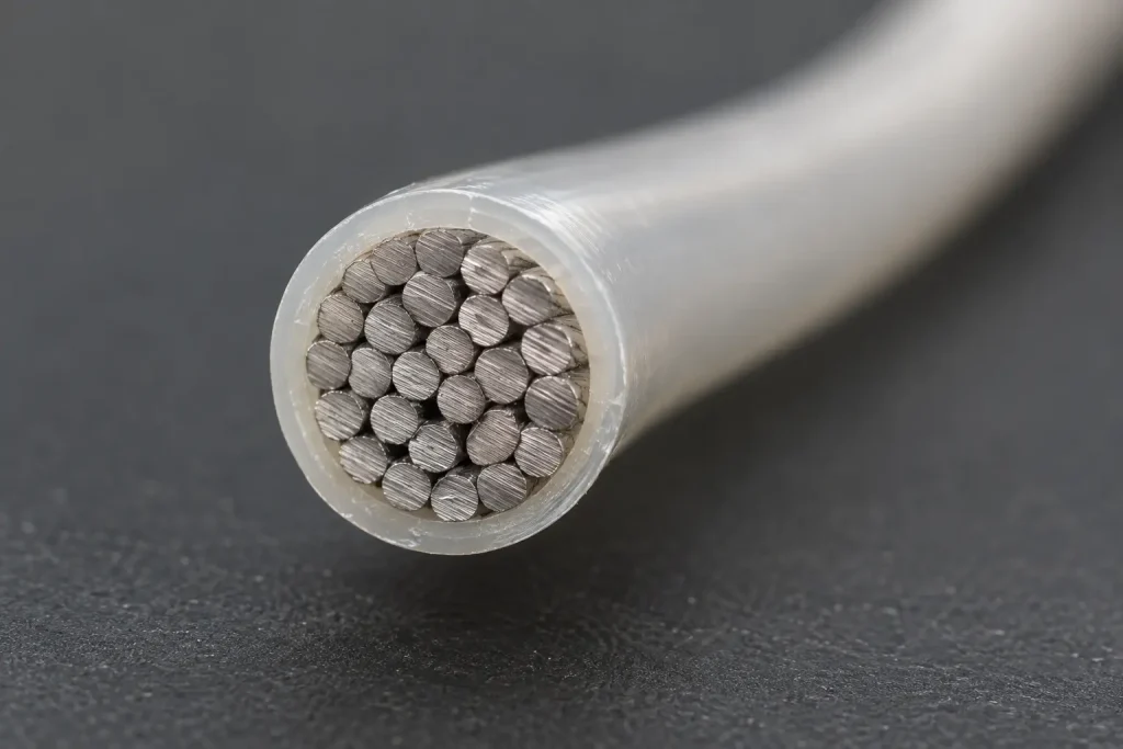 Macro of a Style 10362 cut end showing thin extruded PFA insulation around a stranded conductor
