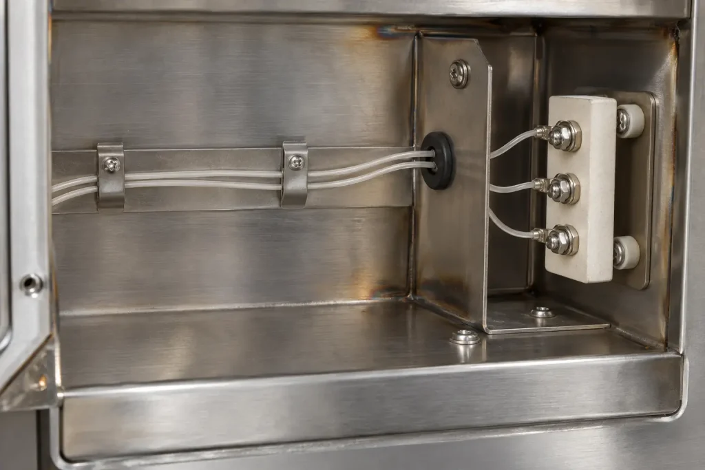 UL Style 10362 PFA wire routed inside a high-temperature equipment enclosure to an internal terminal