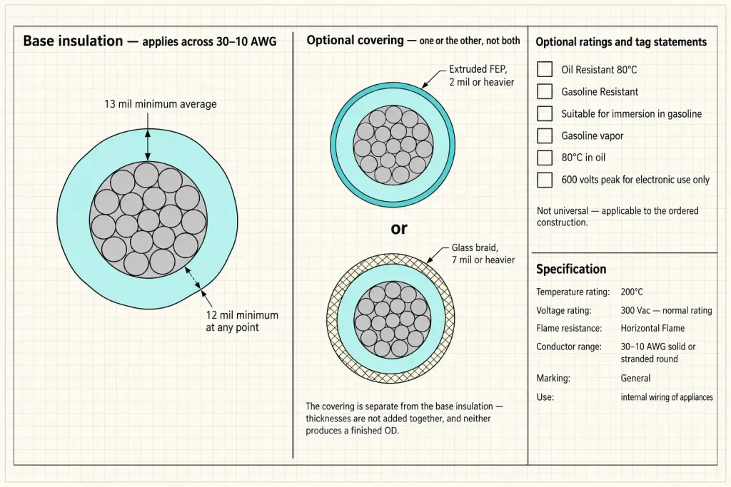 UL 1332 diagram separating the base extruded FEP insulation from the two alternative optional covering constructions