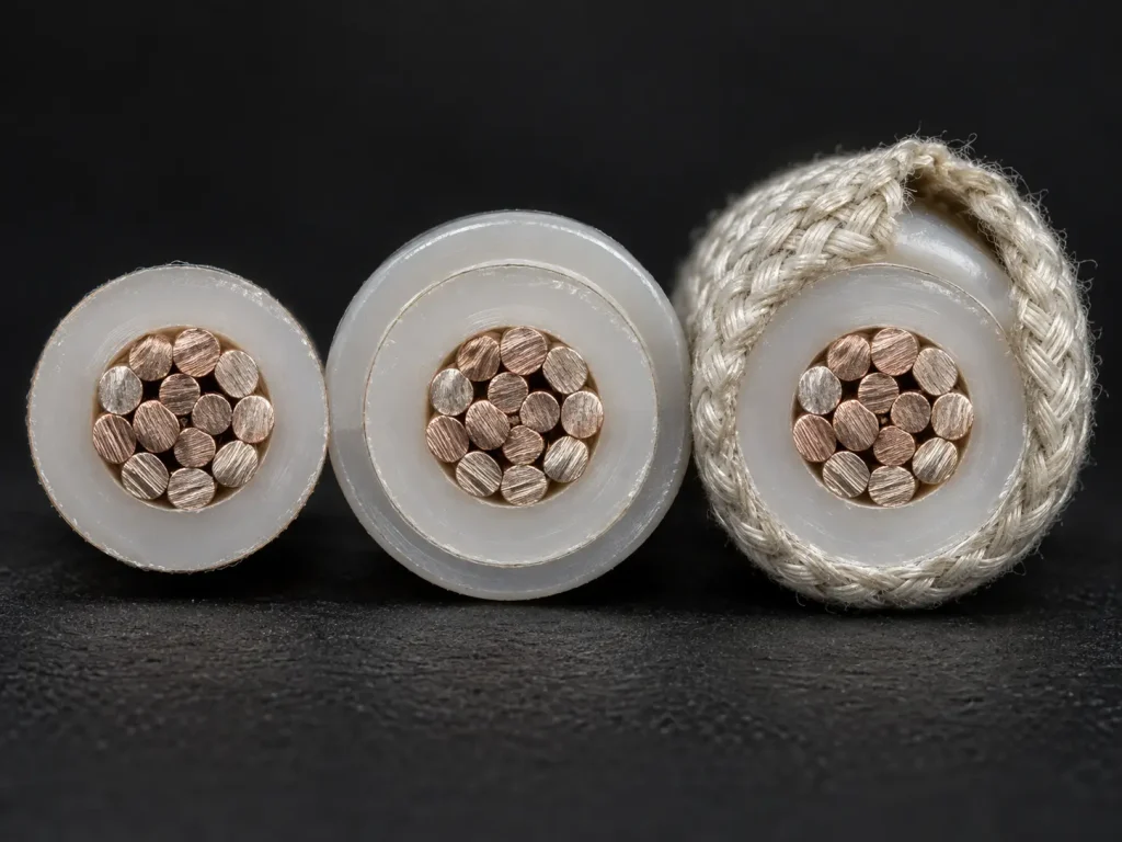 Macro comparison of UL 1332 wire with base FEP insulation and with each optional covering construction