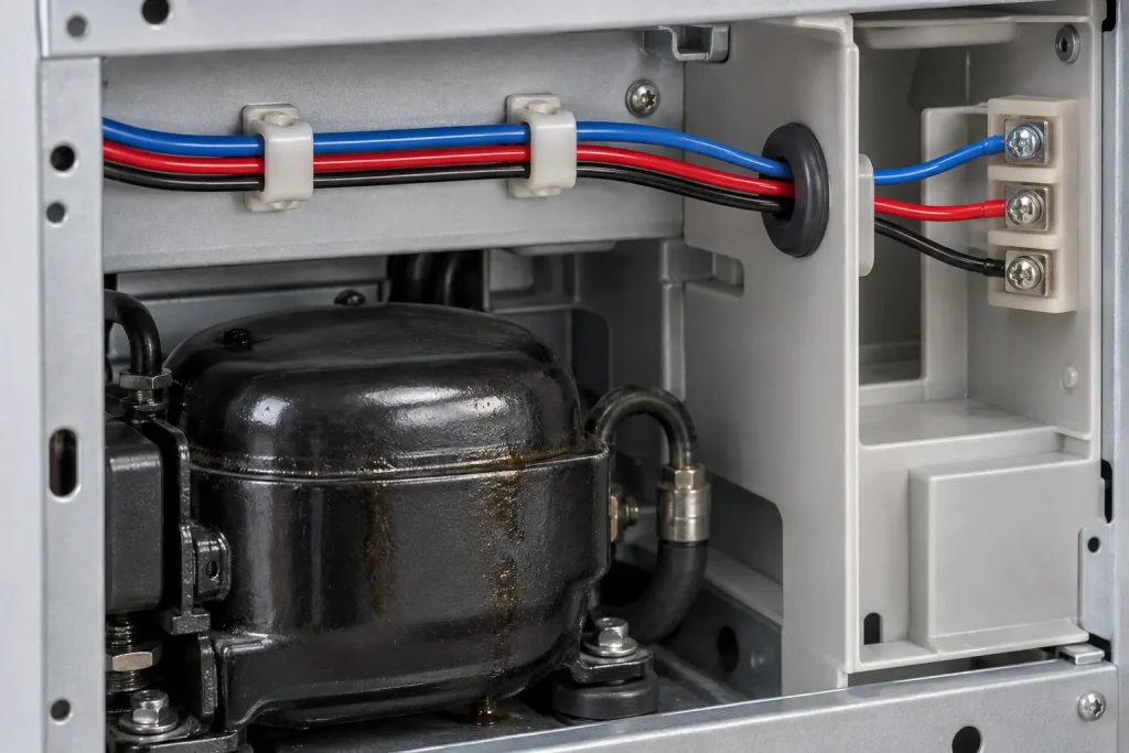 UL Style 1332 FEP wire routed inside an appliance compartment to an internal terminal