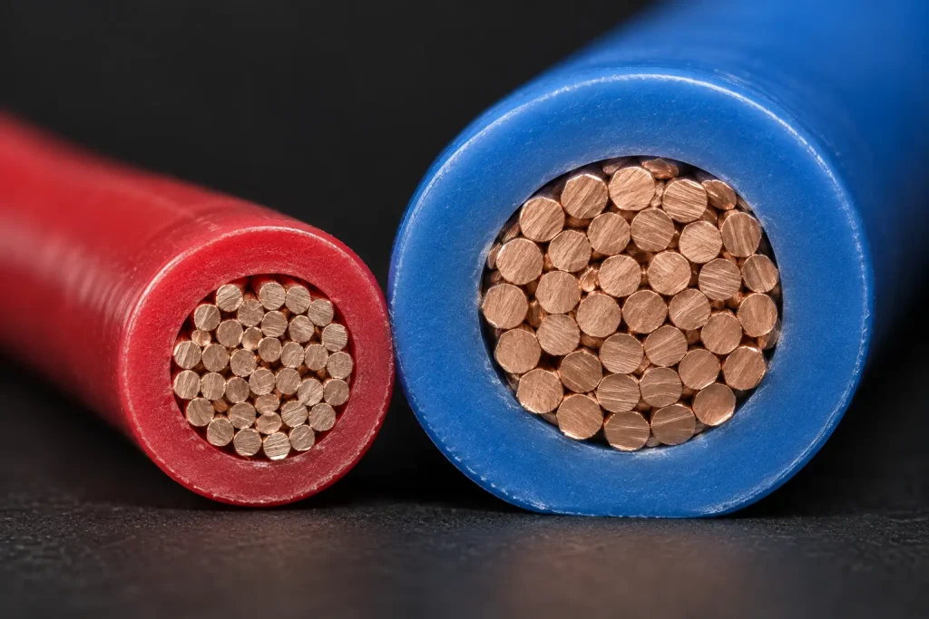 Macro comparison of UL 1569 conductors from the 30-10 AWG and 9-2 AWG groups showing different PVC insulation wall depths