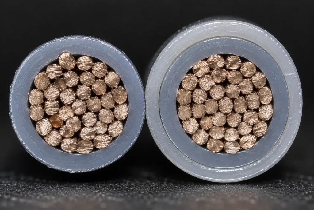 Macro comparison of UL 1569 wire with base PVC insulation and with the optional extruded PVC covering