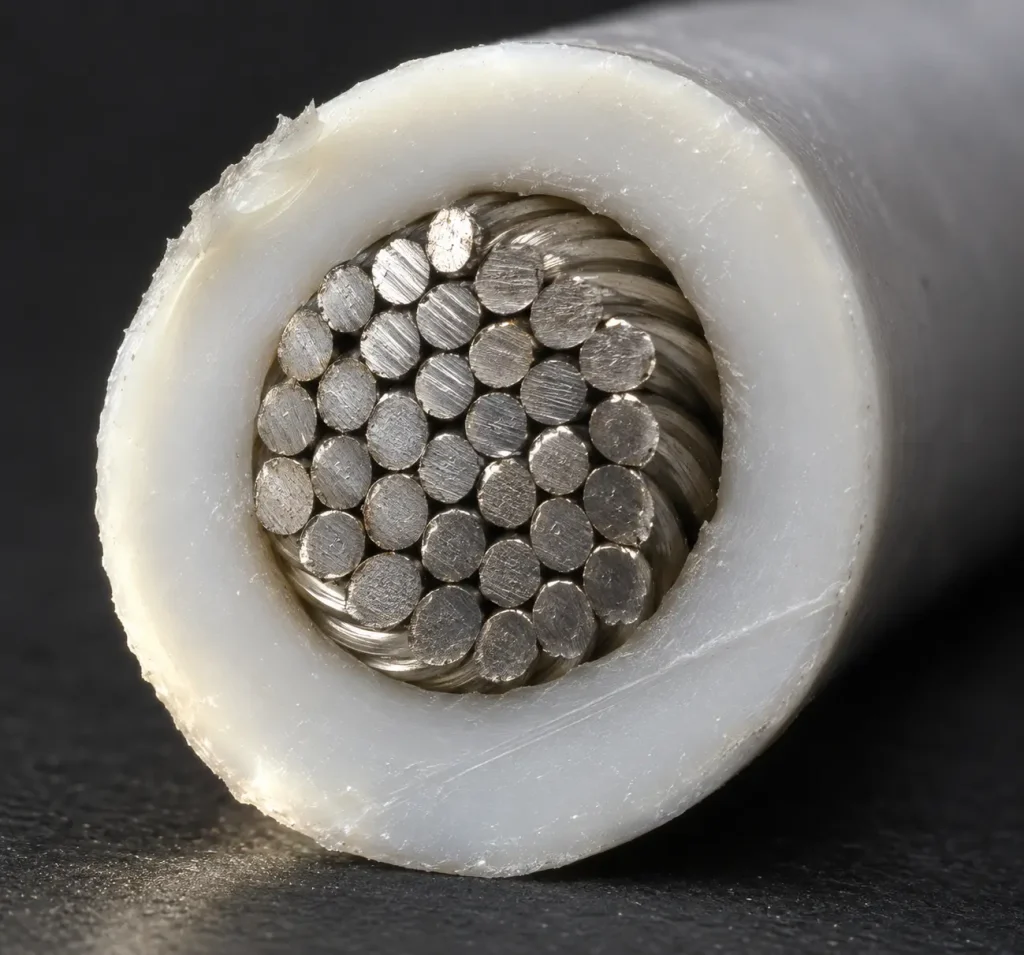 Macro cross-section of UL 1659 8 AWG wire showing the PTFE TFE insulation wall over the conductor