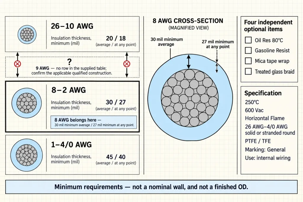 UL 1659 diagram placing 8 AWG in the 8-2 AWG insulation group at 30 mil average and 27 mil minimum, with the 9 AWG gap marked