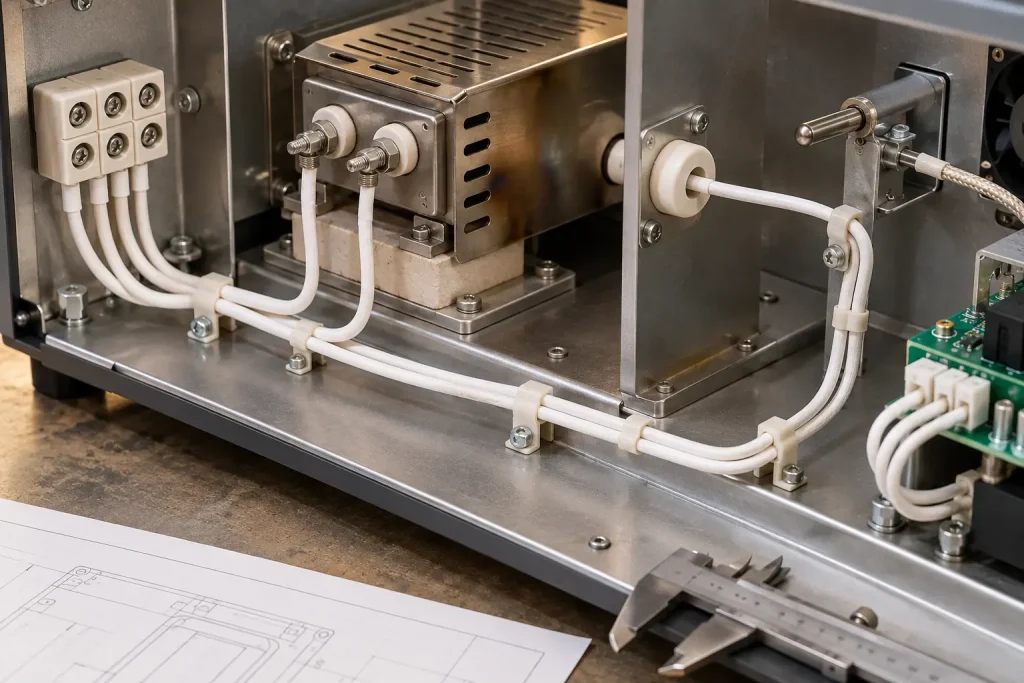 UL 1659 PTFE TFE leads installed as drawing-controlled internal wiring inside high-temperature equipment