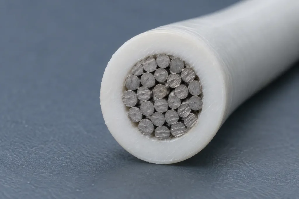 Macro of a Style 1659 cut end showing PTFE insulation around a stranded round conductor