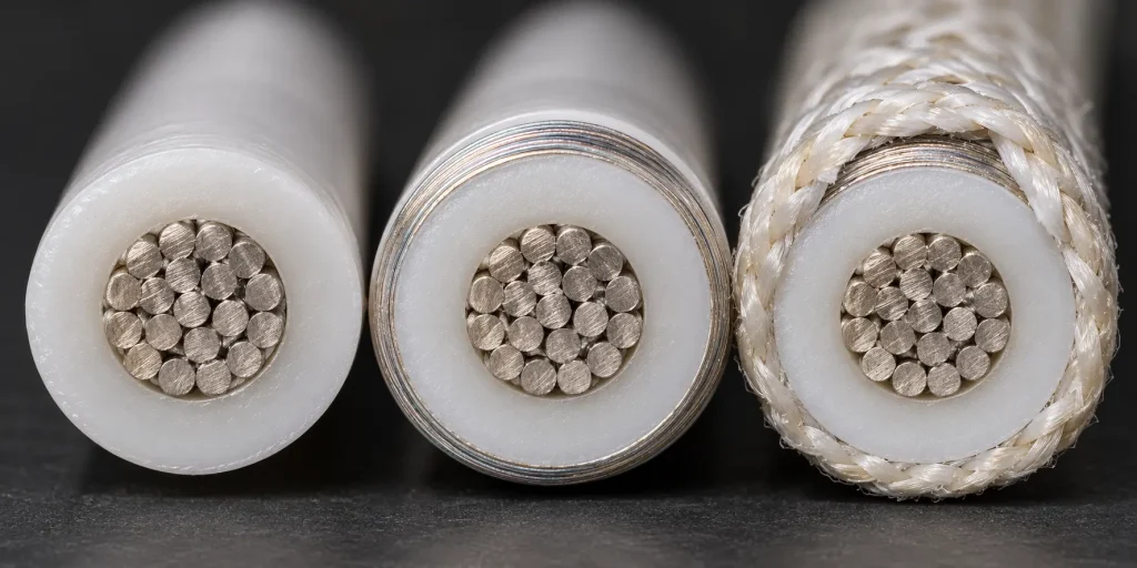 Macro comparison of UL 1659 base PTFE TFE construction against constructions carrying the optional outer items