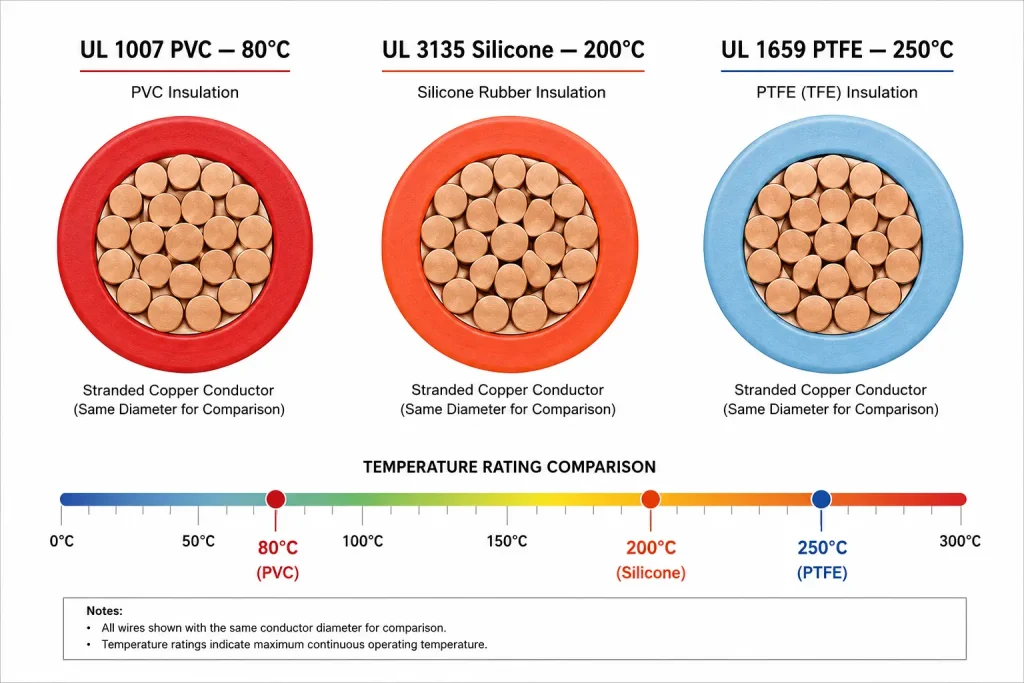 UL 1659 PTFE 250°C versus silicone rubber 200°C versus PVC 105°C insulation temperature class comparison for internal wiring selection