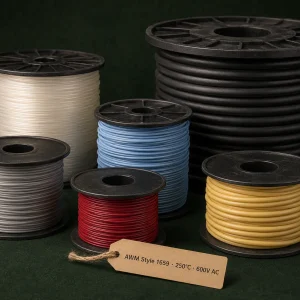 UL AWM Style 1659 PTFE wire, 250°C, 600V AC, 26 AWG to 4/0 AWG, multiple insulation colour spools, Germany export