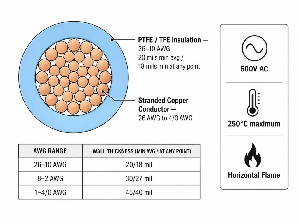 UL 1659 PTFE wire cross section diagram showing PTFE insulation 20 mil to 45 mil wall by AWG, stranded copper conductor, 250°C, 600V AC