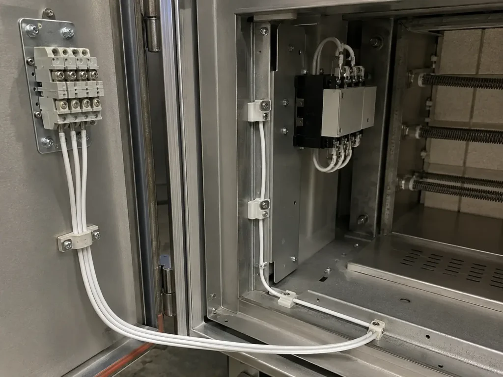 UL 1659 PTFE wire internal wiring routing in industrial oven or heating equipment enclosure, 250°C, 600V AC