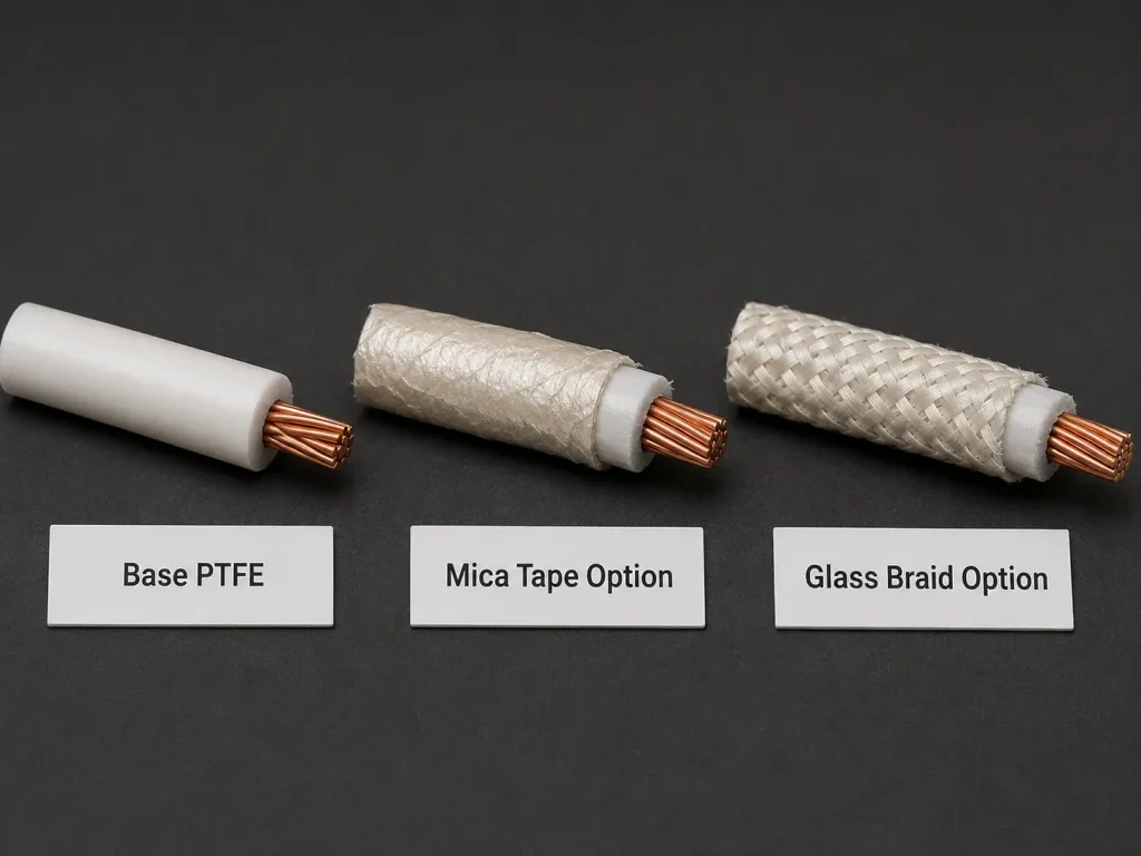 UL 1659 PTFE wire optional construction variants: base PTFE, mica tape wrap, treated glass braid covering, 250°C, 600V AC