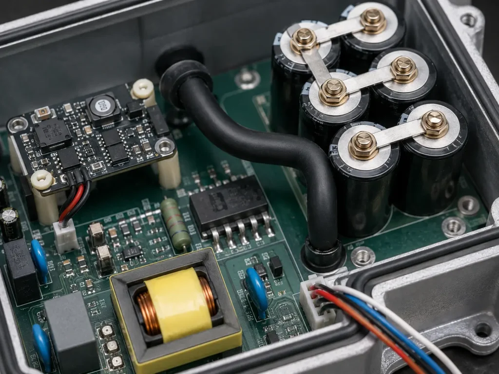 UL 1911 high voltage DC wire internal wiring in capacitive discharge ignition CDI module, DC charging circuit from DC-DC converter to high voltage capacitor