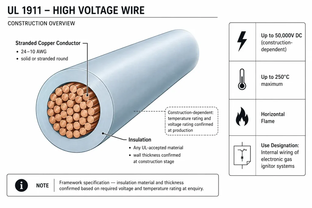 UL 1911 high voltage wire technical cross section diagram showing any-material insulation, stranded copper conductor, up to 250°C, up to 50000V DC, horizontal flame, gas ignitor systems