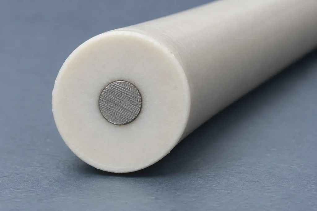 Macro of a Style 1911 cut end showing a heavy insulation wall over a round conductor