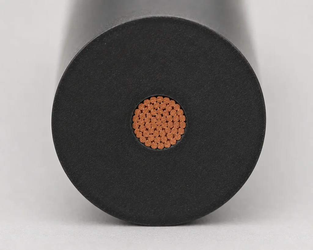UL 1911 high voltage wire cut end macro showing thick insulation wall and stranded copper conductor cross section, up to 250°C 50000V DC