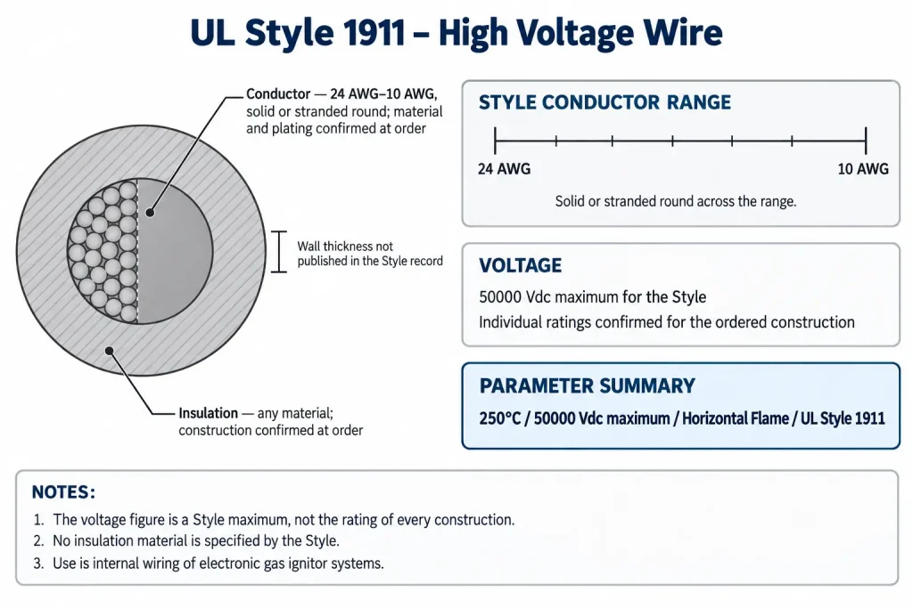 Technical cross-section of UL Style 1911 showing conductor range, open insulation material and 50000 Vdc maximum