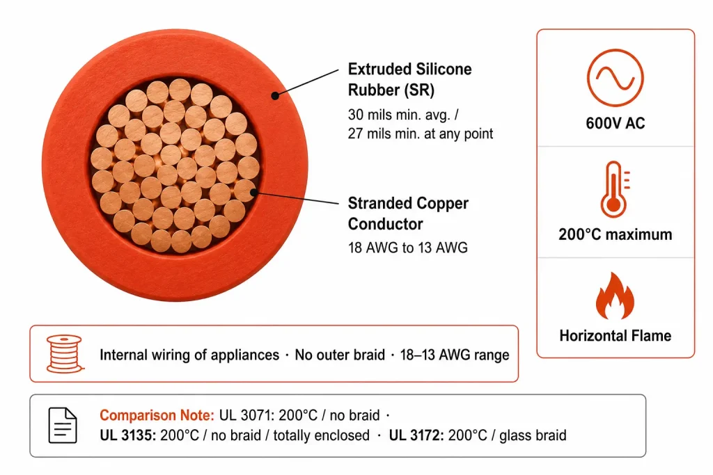 UL 3071 silicone rubber wire cross section diagram showing SR 30 mil insulation, stranded copper conductor 18–13 AWG, 200°C, 600V AC, horizontal flame