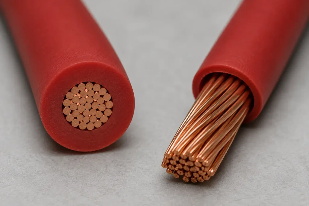 UL 3071 silicone rubber wire cut end macro showing 30 mil SR insulation wall and stranded copper conductor, 200°C, 600V AC