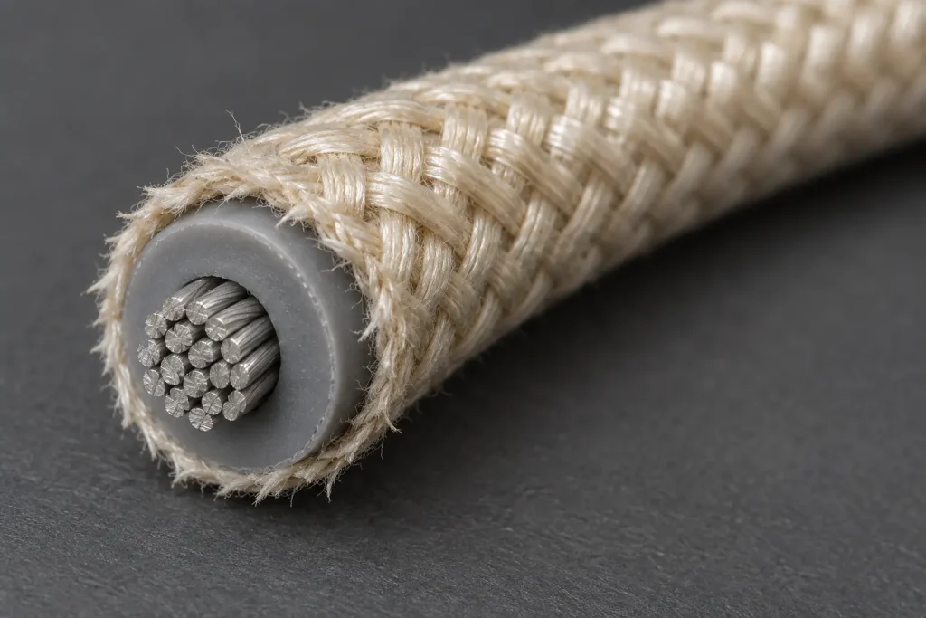 Macro of a Style 3122 cut end showing extruded silicone insulation beneath a lacquered braid covering