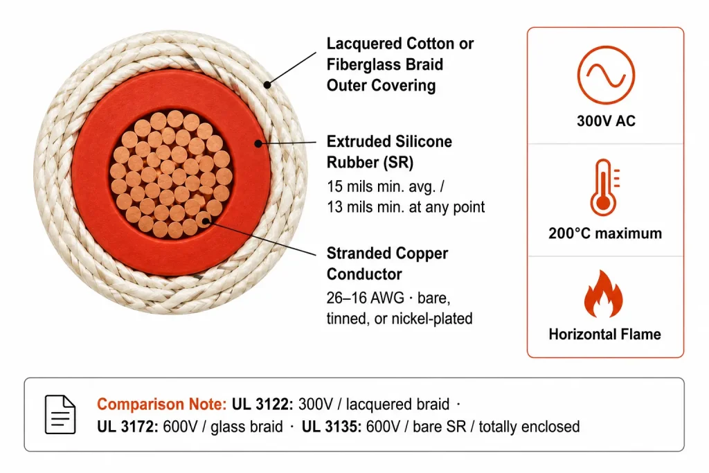 UL 3122 silicone rubber wire cross section diagram showing SR 15 mil insulation, lacquered cotton or fiberglass braid outer covering, stranded copper conductor, 200°C, 300V AC