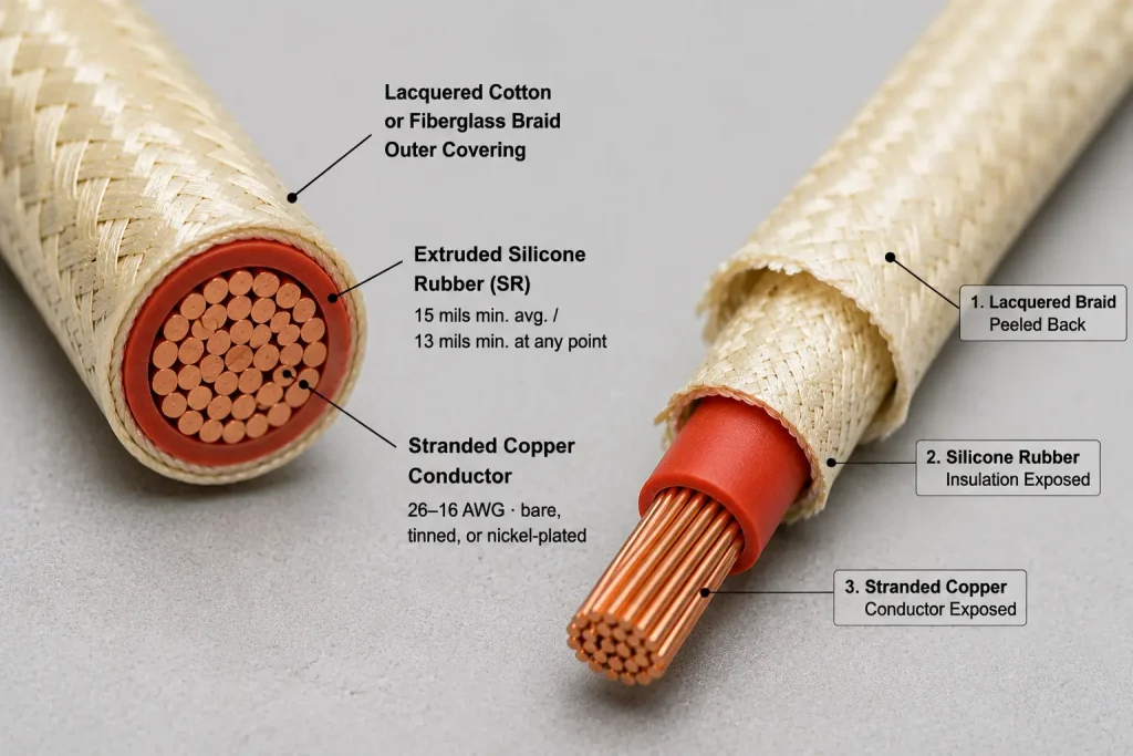 UL 3122 silicone rubber lacquered braid wire cut end macro showing lacquered braid outer covering, 15 mil SR insulation, stranded copper conductor layers