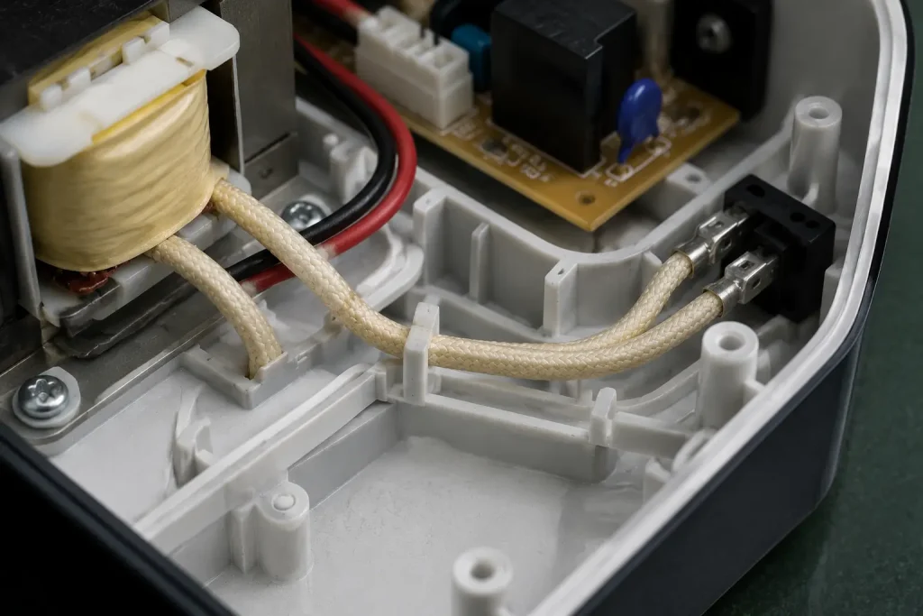 UL 3122 silicone rubber lacquered braid wire used as transformer coil lead connection in appliance internal wiring, 200°C, 300V AC, Vietnam OEM production