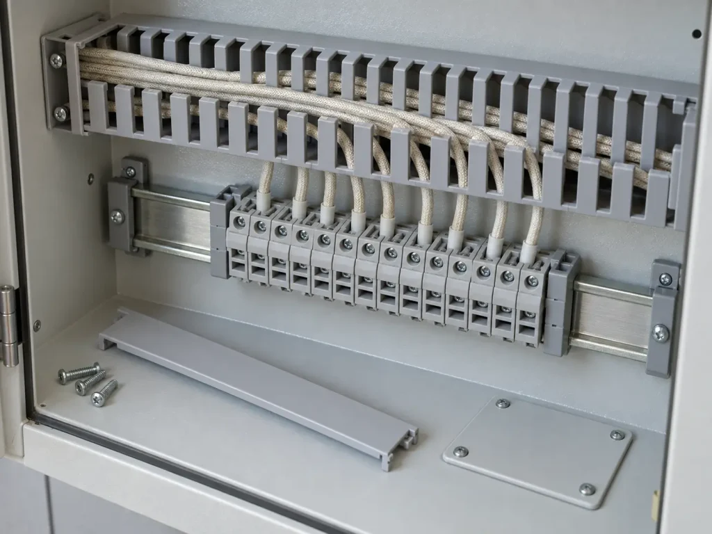 UL Style 3122 wire routed in a slotted wiring duct inside an enclosed equipment cabinet